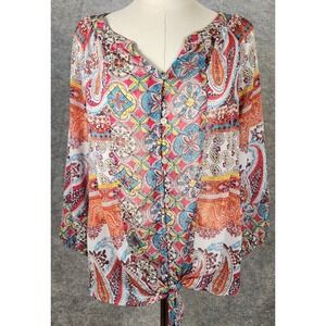 Fig & Flowers Top Women Large Multicolor Floral Boho Peasant Paisley Long Sleeve